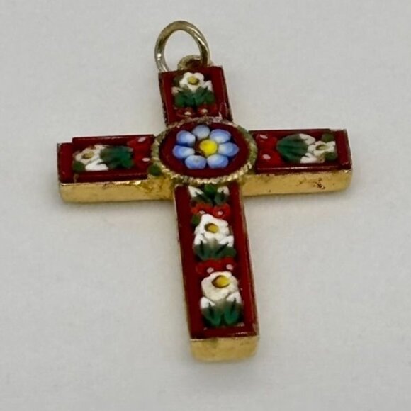 Vintage Italian Micro Mosaic Cross Gold-Tone Metal Red W/Blue White Green Marked - Picture 11 of 12